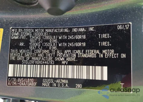 2017 Toyota Highlander Xle из США, поврежденный, VIN 5TDJZRFH0HS446783